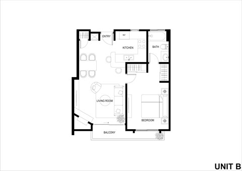 Floor plan for 1 bed, 1 bath, 604 sqft
